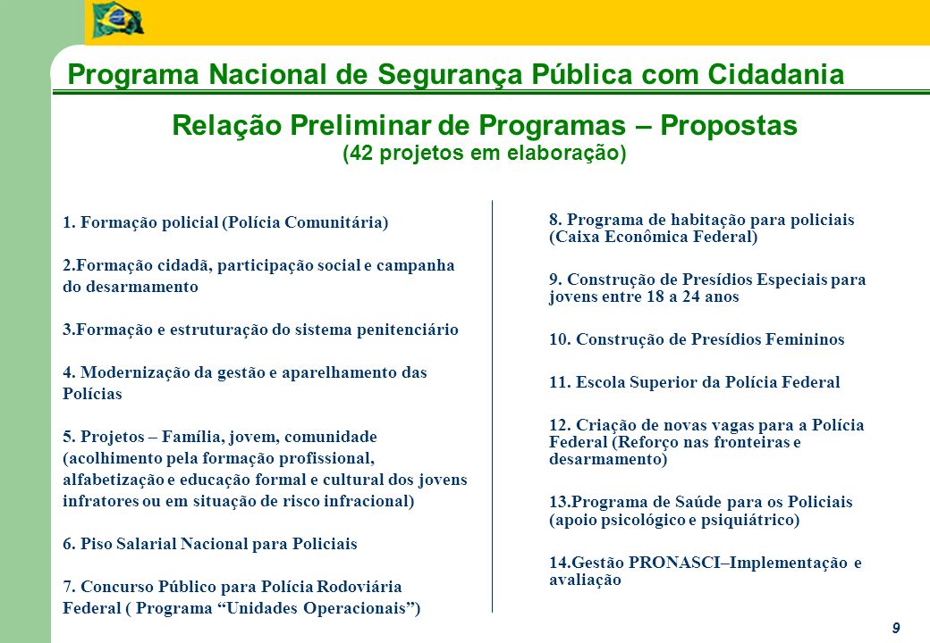 Programa Nacional de Segurança Pública com Cidadania 9 Relação Preliminar de Programas – Propostas (42 projetos em elaboração) 8.