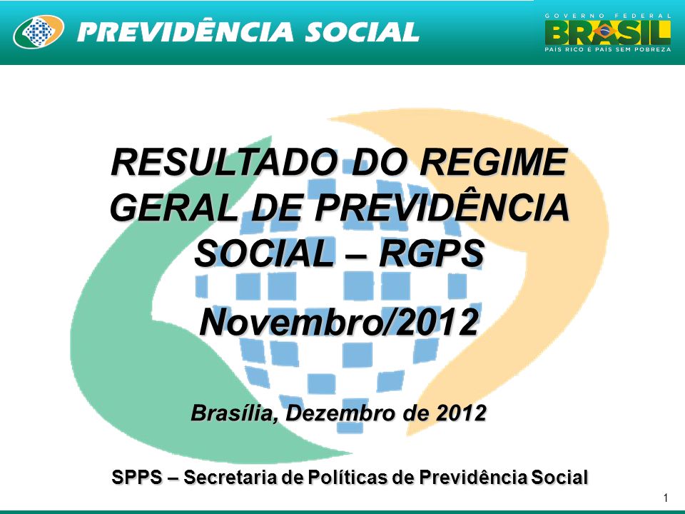 1 RESULTADO DO REGIME GERAL DE PREVIDÊNCIA SOCIAL – RGPS Novembro/2012 Brasília, Dezembro de 2012 SPPS – Secretaria de Políticas de Previdência Social