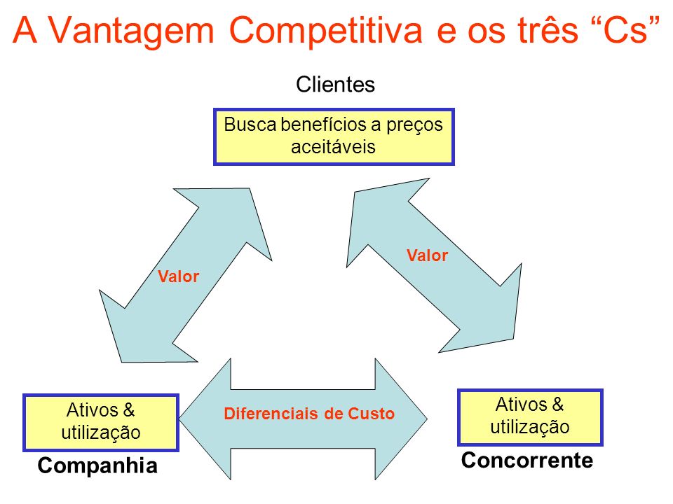 A Vantagem Competitiva e os três Cs Clientes Busca benefícios a preços aceitáveis Ativos & utilização Companhia Concorrente Diferenciais de Custo Valor