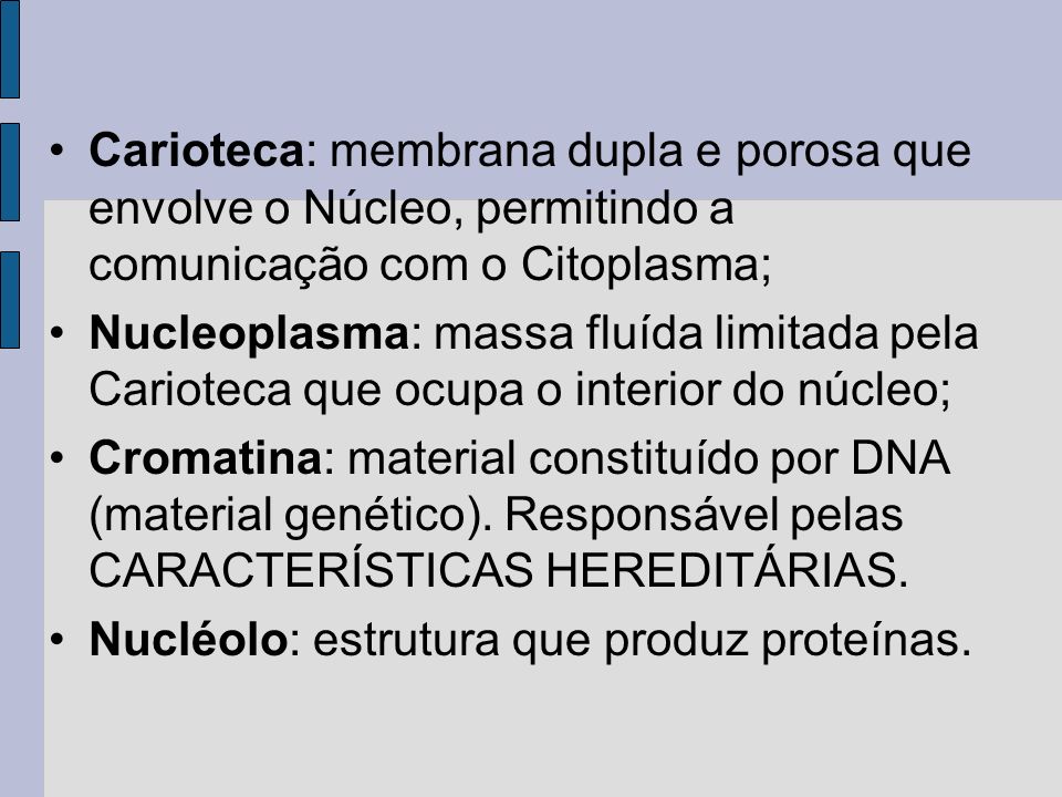 Carioteca: membrana dupla e porosa que envolve o Núcleo, permitindo a comunicação com o Citoplasma; Nucleoplasma: massa fluída limitada pela Carioteca que ocupa o interior do núcleo; Cromatina: material constituído por DNA (material genético).
