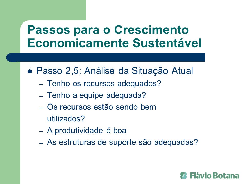Passos para o Crescimento Economicamente Sustentável Passo 2,5: Análise da Situação Atual – Tenho os recursos adequados.