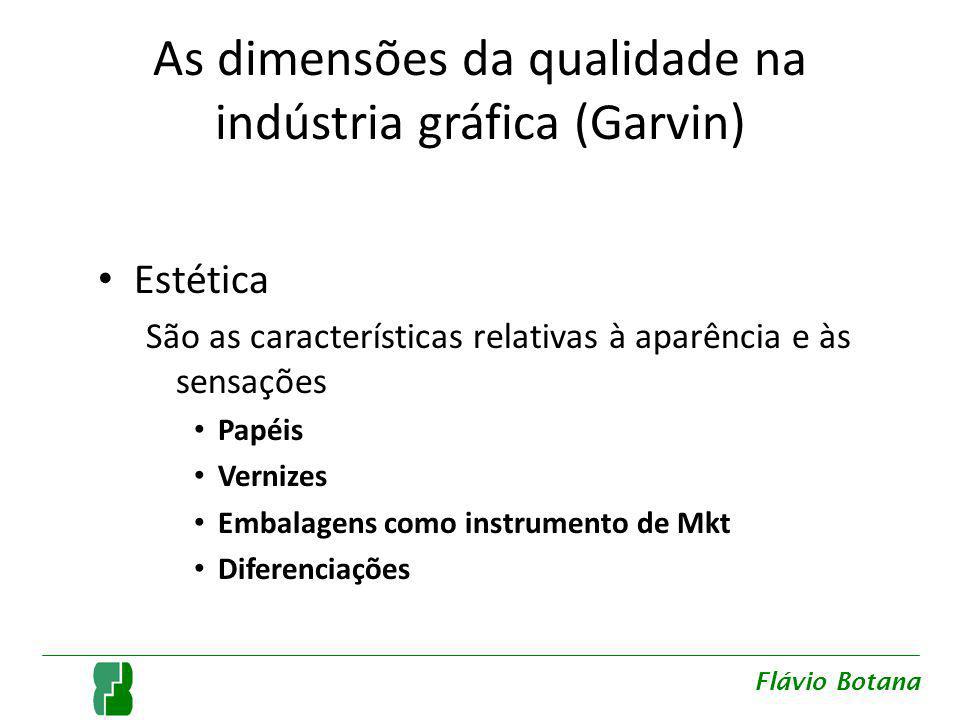 As dimensões da qualidade na indústria gráfica (Garvin) Estética São as características relativas à aparência e às sensações Papéis Vernizes Embalagens como instrumento de Mkt Diferenciações Flávio Botana