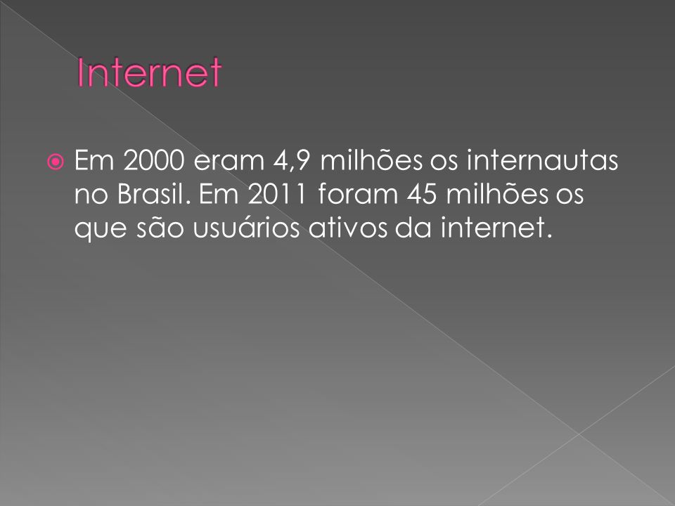 Em 2000 eram 4,9 milhões os internautas no Brasil.