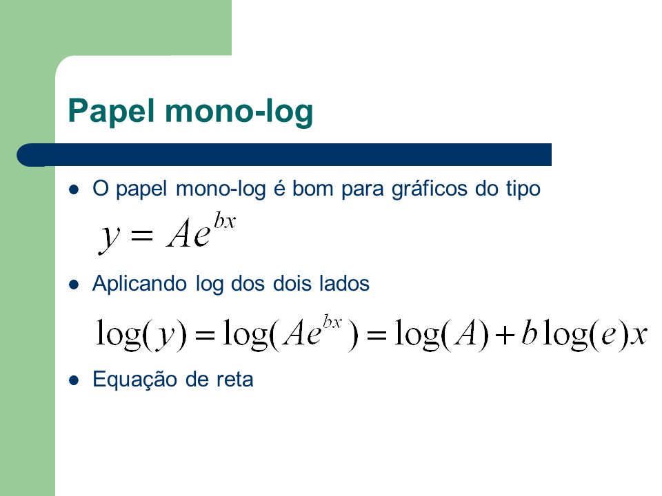 Papel mono-log O papel mono-log é bom para gráficos do tipo Aplicando log dos dois lados Equação de reta