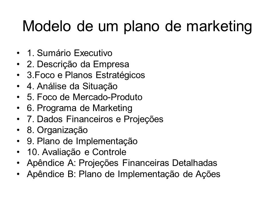 Modelo de um plano de marketing 1. Sumário Executivo 2.