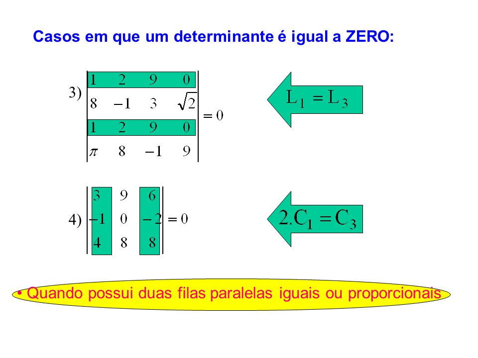 Quando possui duas filas paralelas iguais ou proporcionais 3) 4) Casos em que um determinante é igual a ZERO: