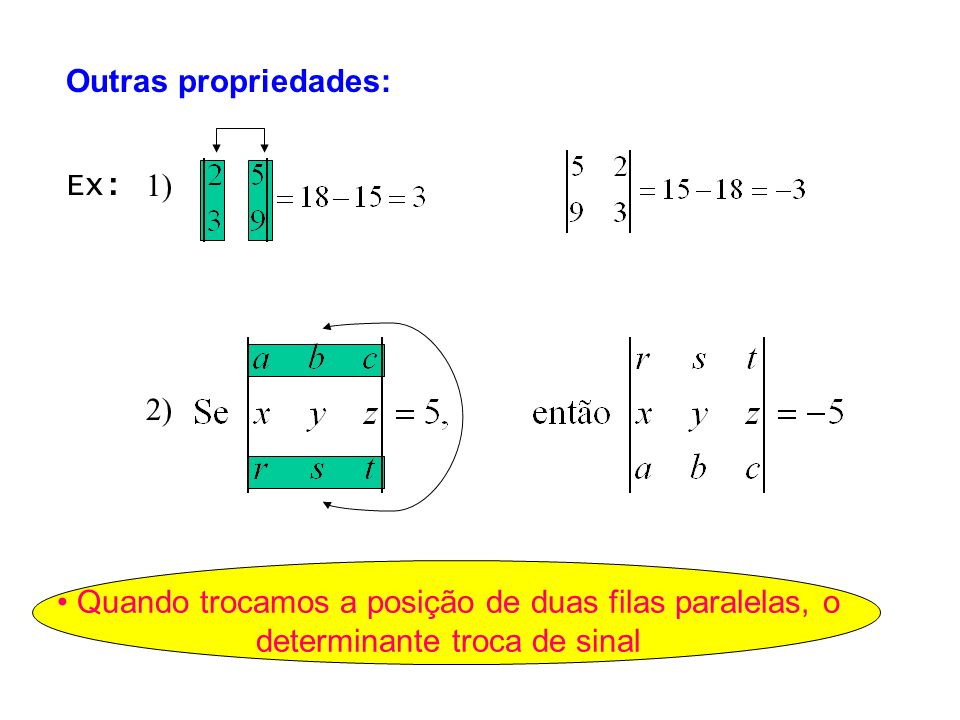 1) Ex: Quando trocamos a posição de duas filas paralelas, o determinante troca de sinal 2) Outras propriedades: