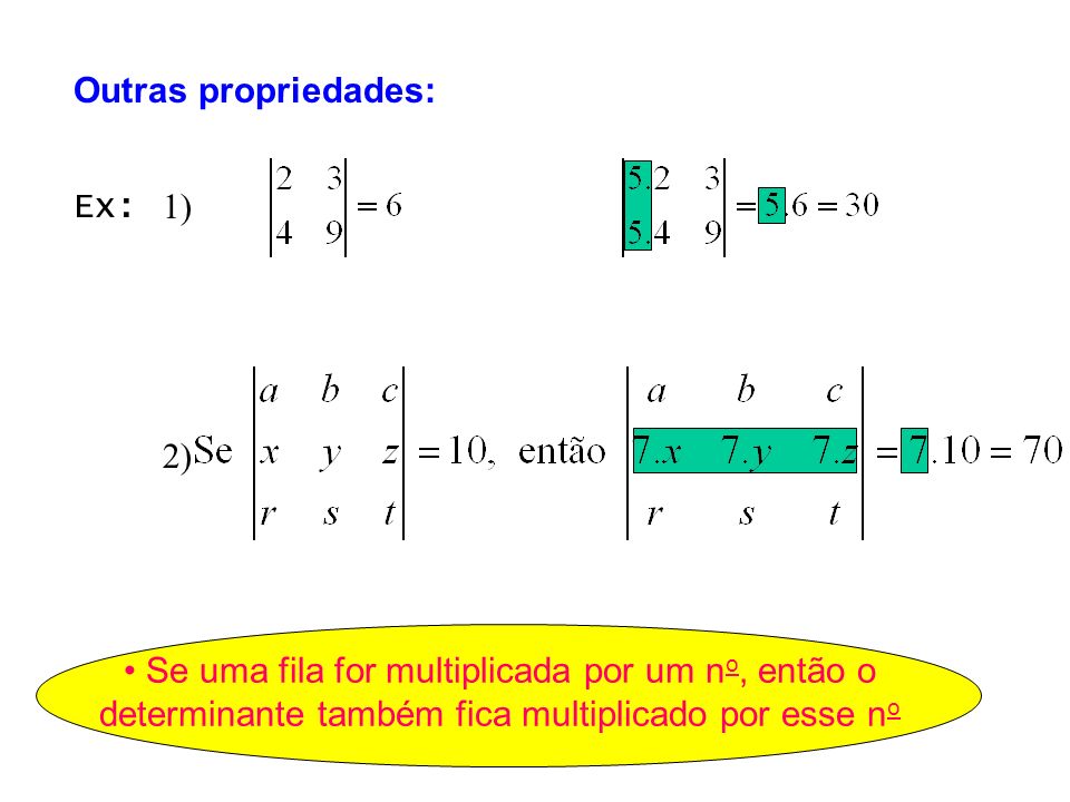 Ex: 1) 2) Se uma fila for multiplicada por um n o, então o determinante também fica multiplicado por esse n o Outras propriedades: