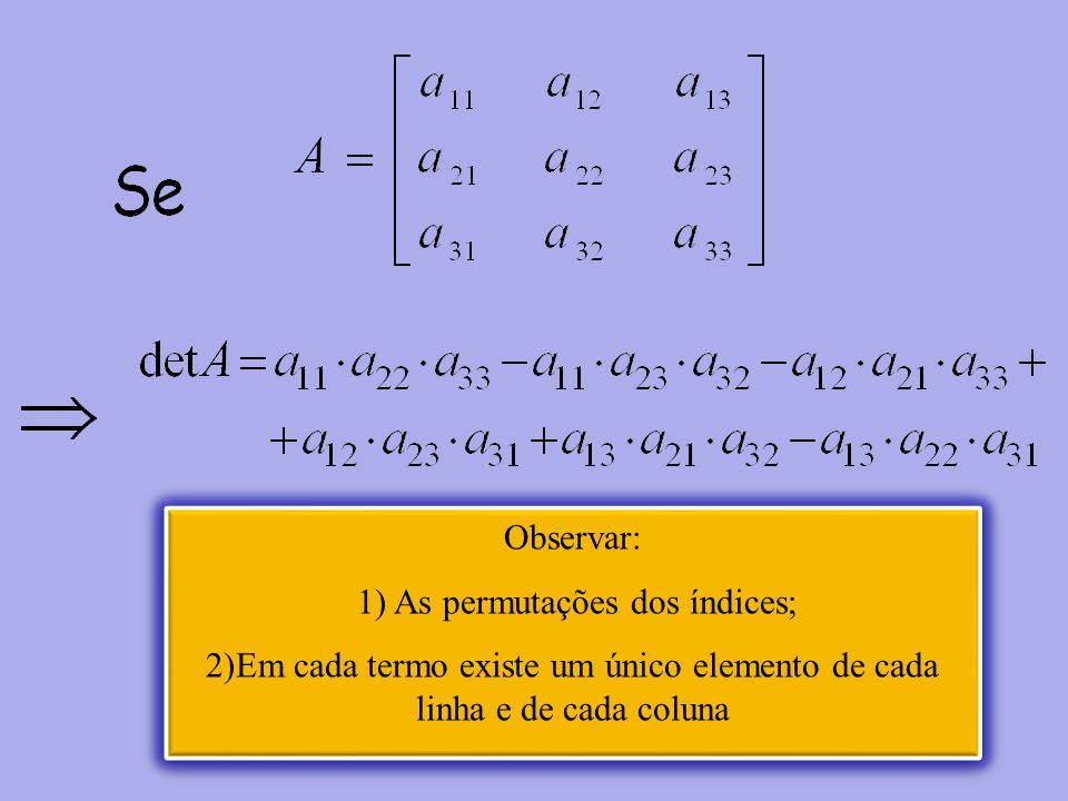 Observar: 1) As permutações dos índices; 2)Em cada termo existe um único elemento de cada linha e de cada coluna Observar: 1) As permutações dos índices; 2)Em cada termo existe um único elemento de cada linha e de cada coluna