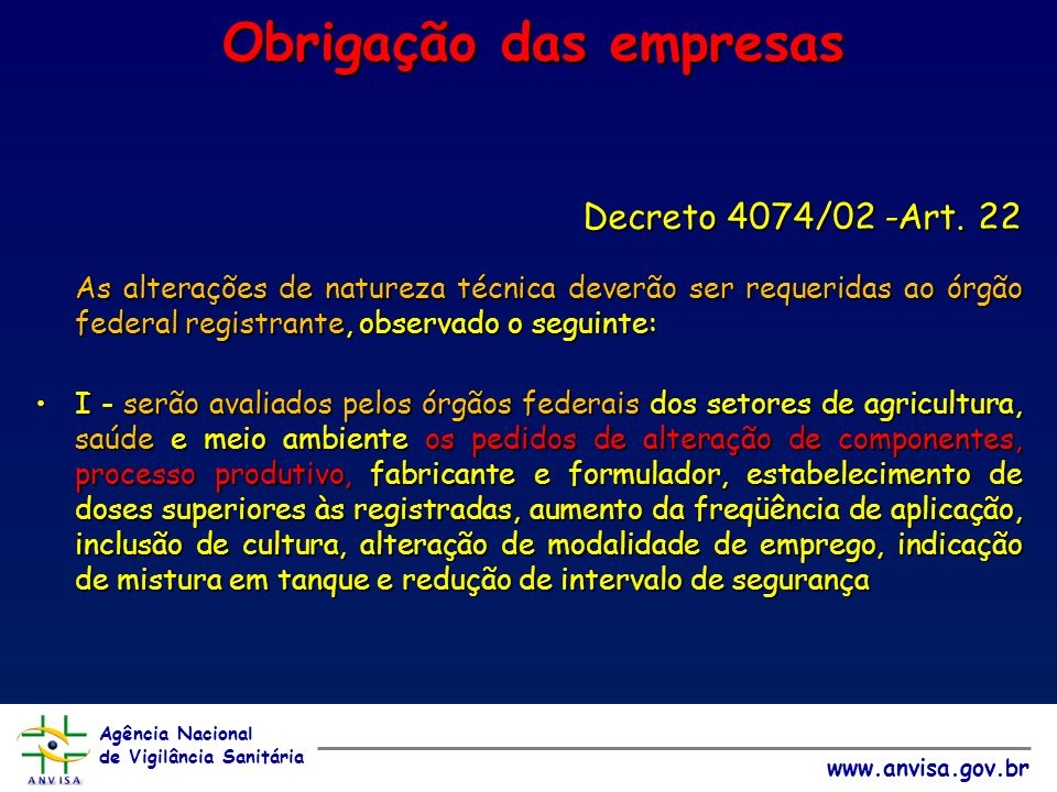 Agência Nacional de Vigilância Sanitária   Obrigação das empresas Decreto 4074/02 -Art.