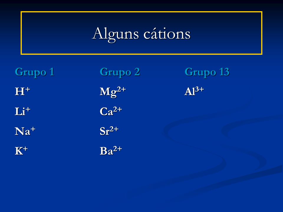 Alguns cátions Grupo 1Grupo 2Grupo 13 H + Mg 2+ Al 3+ Li + Ca 2+ Na + Sr 2+ K + Ba 2+