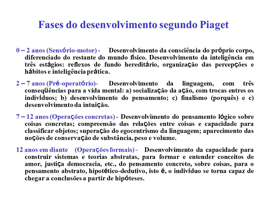 Cantinho da Pedagogia Fases do desenvolvimento segundo Piaget