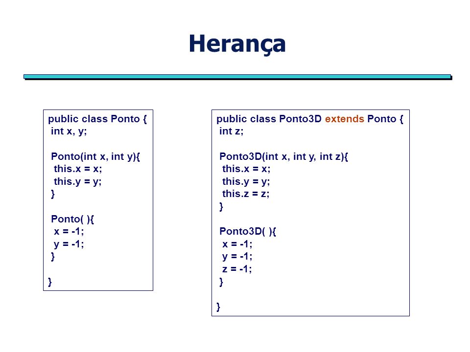 Herança public class Ponto { int x, y; Ponto(int x, int y){ this.x = x; this.y = y; } Ponto( ){ x = -1; y = -1; } public class Ponto3D extends Ponto { int z; Ponto3D(int x, int y, int z){ this.x = x; this.y = y; this.z = z; } Ponto3D( ){ x = -1; y = -1; z = -1; }
