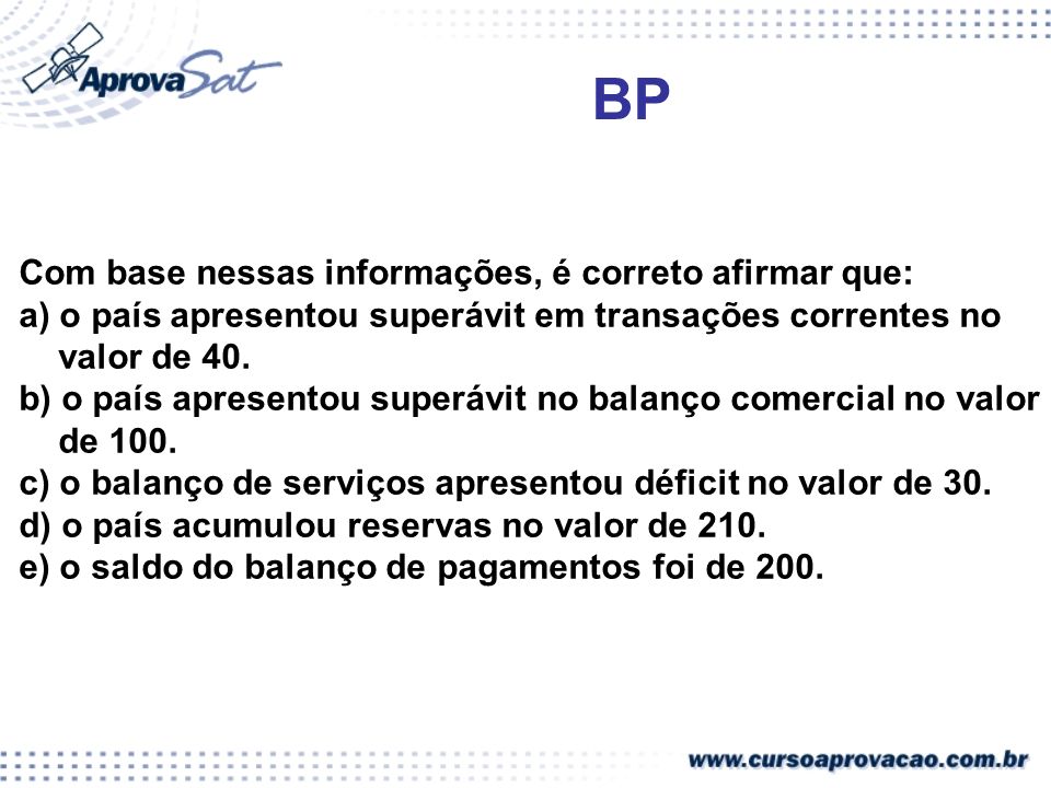 BP Com base nessas informações, é correto afirmar que: a) o país apresentou superávit em transações correntes no valor de 40.