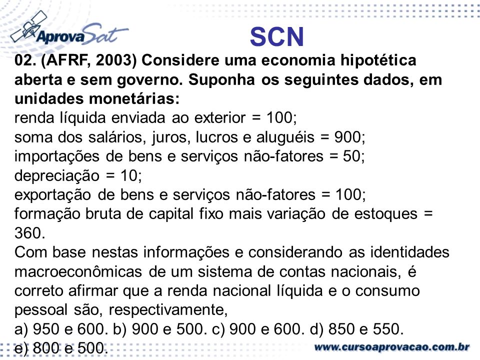 SCN 02. (AFRF, 2003) Considere uma economia hipotética aberta e sem governo.