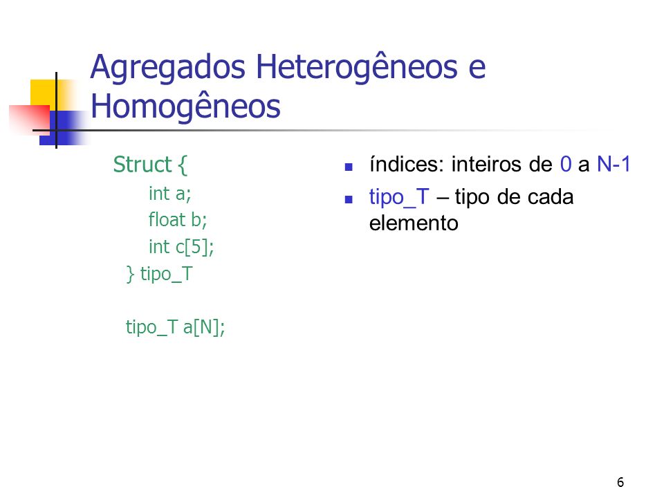 6 Agregados Heterogêneos e Homogêneos Struct { int a; float b; int c[5]; } tipo_T tipo_T a[N]; índices: inteiros de 0 a N-1 tipo_T – tipo de cada elemento