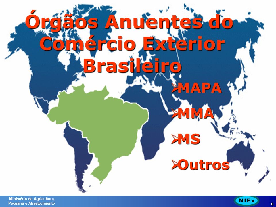 Ministério da Agricultura, Pecuária e Abastecimento 6 Órgãos Anuentes do Comércio Exterior Brasileiro MAPA MAPA MMA MMA MS MS Outros Outros