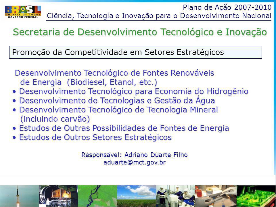 Plano de Ação Ciência, Tecnologia e Inovação para o Desenvolvimento Nacional Promoção da Competitividade em Setores Estratégicos Secretaria de Desenvolvimento Tecnológico e Inovação Desenvolvimento Tecnológico de Fontes Renováveis Desenvolvimento Tecnológico de Fontes Renováveis de Energia (Biodiesel, Etanol, etc.) de Energia (Biodiesel, Etanol, etc.) Desenvolvimento Tecnológico para Economia do Hidrogênio Desenvolvimento Tecnológico para Economia do Hidrogênio Desenvolvimento de Tecnologias e Gestão da Água Desenvolvimento de Tecnologias e Gestão da Água Desenvolvimento Tecnológico de Tecnologia Mineral Desenvolvimento Tecnológico de Tecnologia Mineral (incluindo carvão) (incluindo carvão) Estudos de Outras Possibilidades de Fontes de Energia Estudos de Outras Possibilidades de Fontes de Energia Estudos de Outros Setores Estratégicos Estudos de Outros Setores Estratégicos Responsável: Adriano Duarte Filho