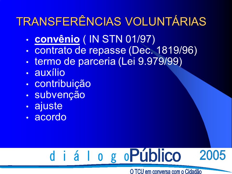 TRANSFERÊNCIAS VOLUNTÁRIAS convênio ( IN STN 01/97) contrato de repasse (Dec.