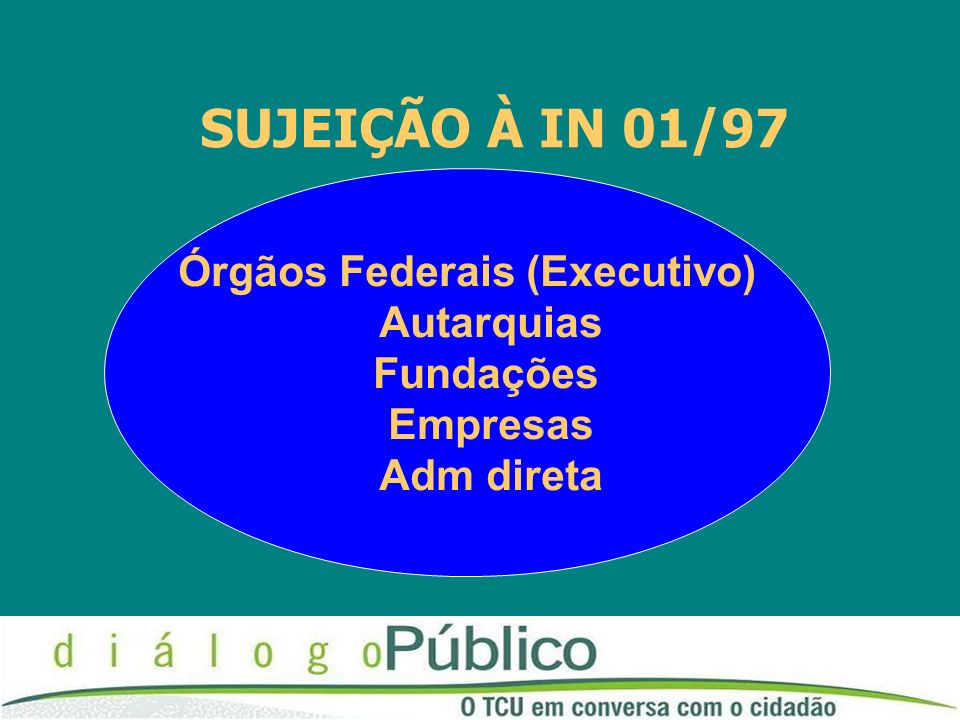 SUJEIÇÃO À IN 01/97 Órgãos Federais (Executivo) Autarquias Fundações Empresas Adm direta