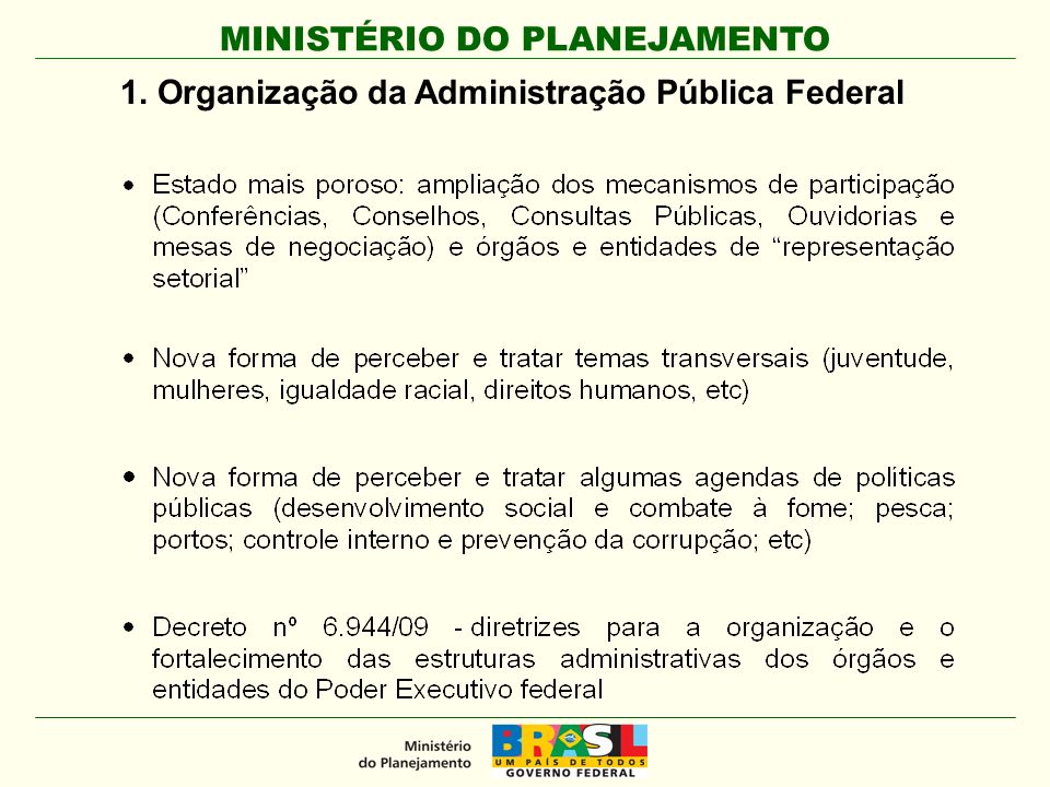 MINISTÉRIO DO PLANEJAMENTO 1. Organização da Administração Pública Federal