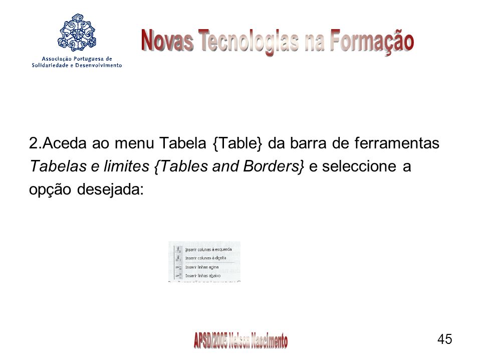 45 2.Aceda ao menu Tabela {Table} da barra de ferramentas Tabelas e limites {Tables and Borders} e seleccione a opção desejada: