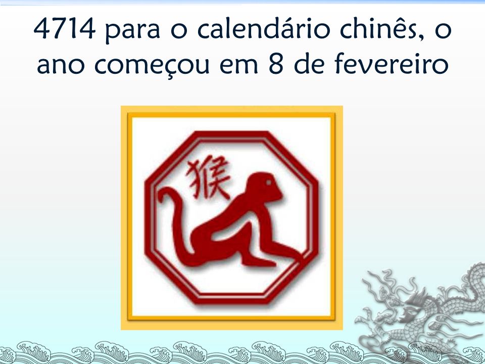 4714 para o calendário chinês, o ano começou em 8 de fevereiro