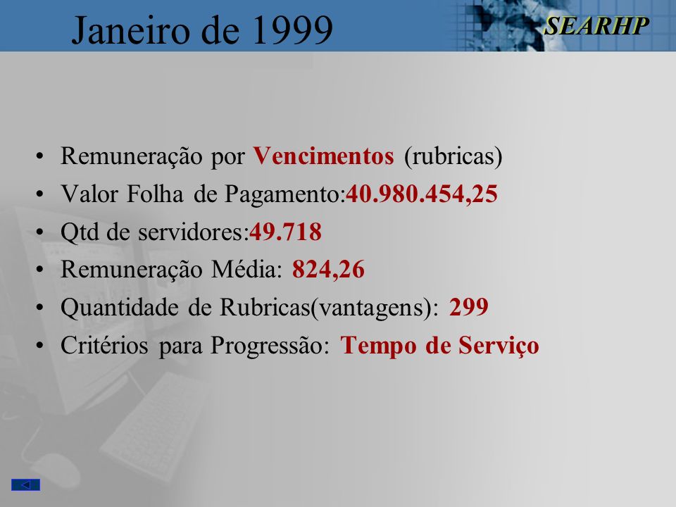 SEARHP Janeiro de 1999 Remuneração por Vencimentos (rubricas) Valor Folha de Pagamento: ,25 Qtd de servidores: Remuneração Média: 824,26 Quantidade de Rubricas(vantagens): 299 Critérios para Progressão: Tempo de Serviço