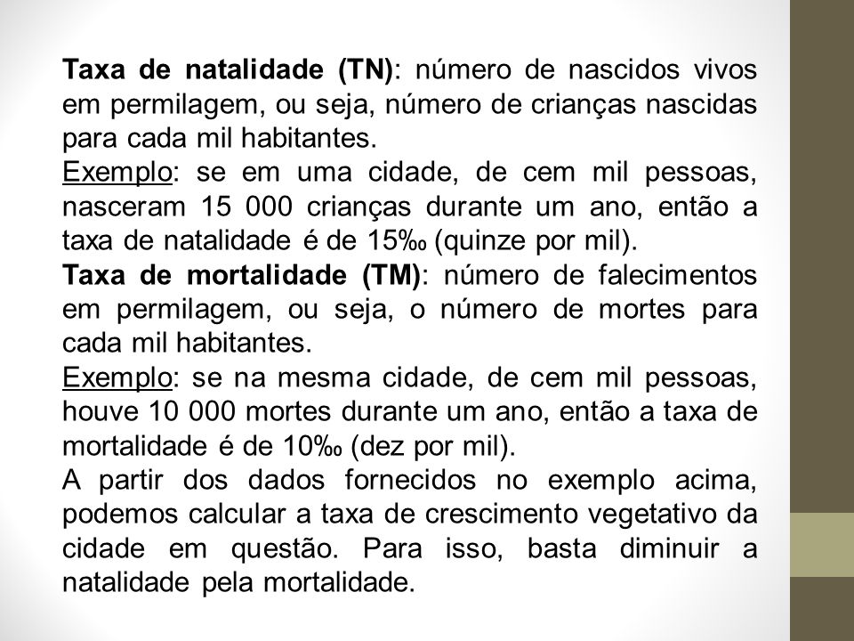 Taxa de natalidade (TN): número de nascidos vivos em permilagem, ou seja, número de crianças nascidas para cada mil habitantes.