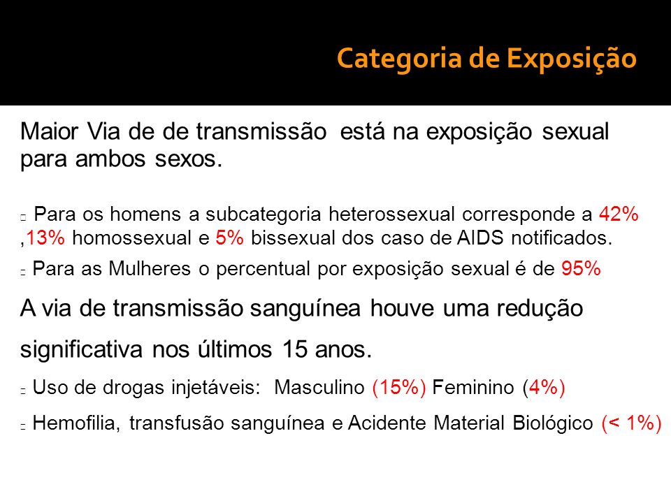 19/9/2016 Categoria de Exposição Maior Via de de transmissão está na exposição sexual para ambos sexos.