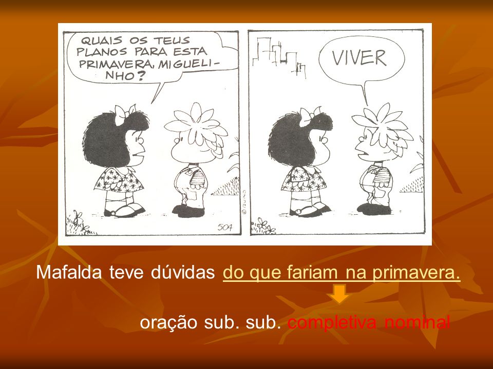 Mafalda gosta Mafalda teve dúvidas do que fariam na primavera. oração sub. sub. completiva nominal