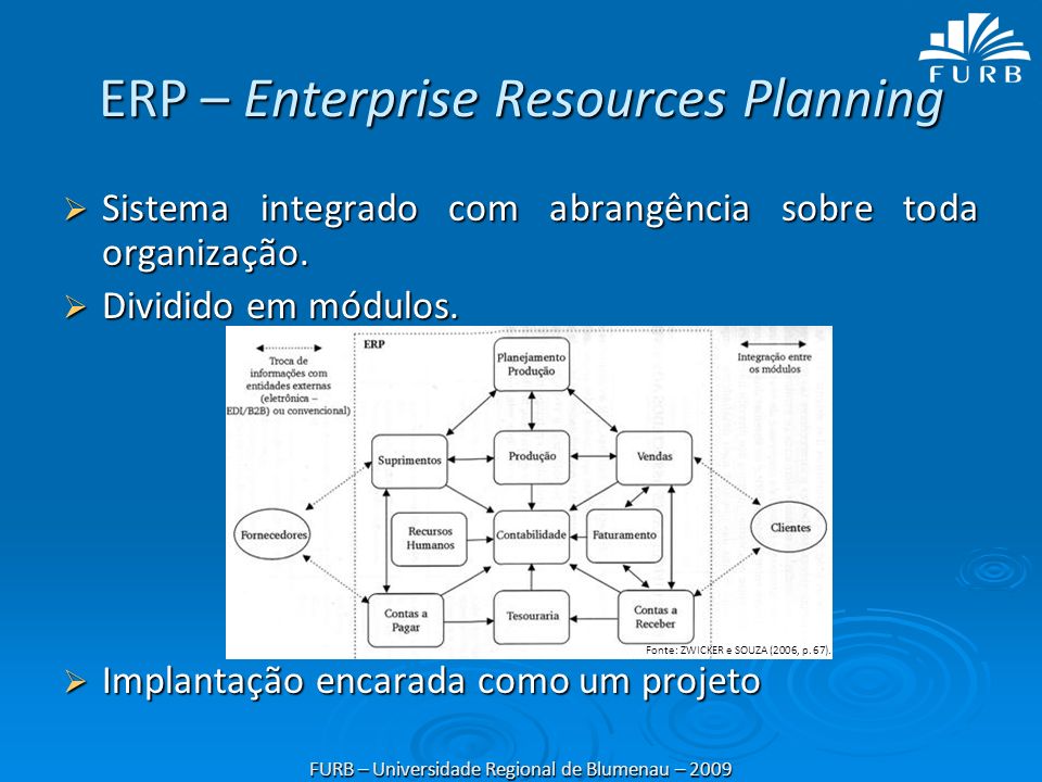 ERP – Enterprise Resources Planning  Sistema integrado com abrangência sobre toda organização.