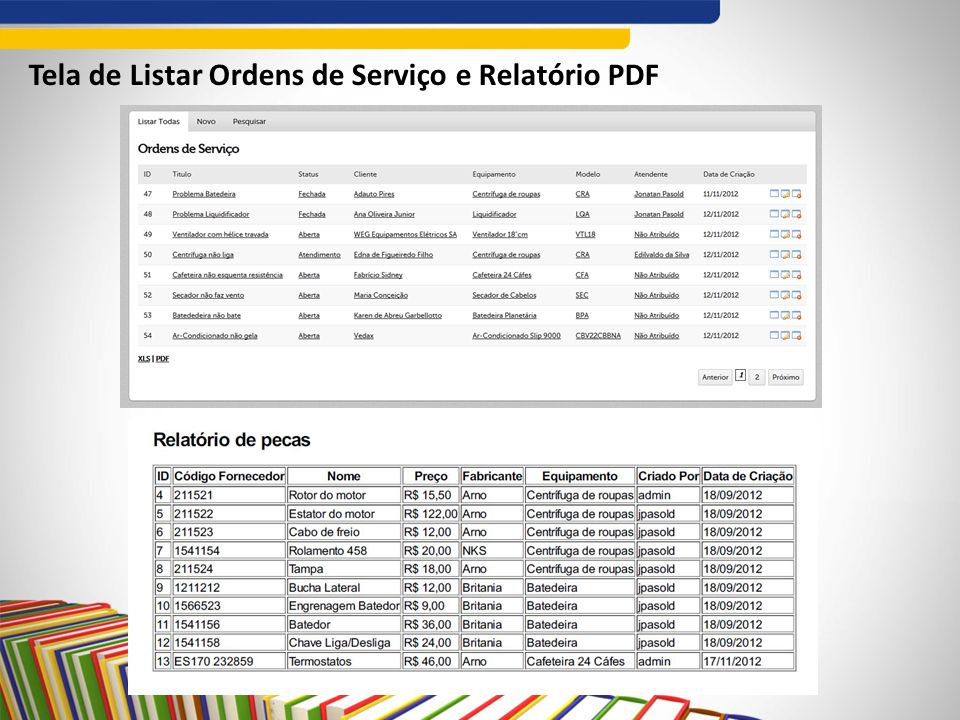 Tela de Listar Ordens de Serviço e Relatório PDF