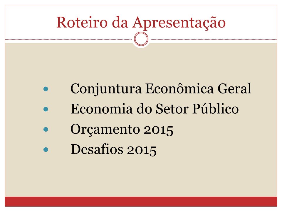 Roteiro da Apresentação Conjuntura Econômica Geral Economia do Setor Público Orçamento 2015 Desafios 2015