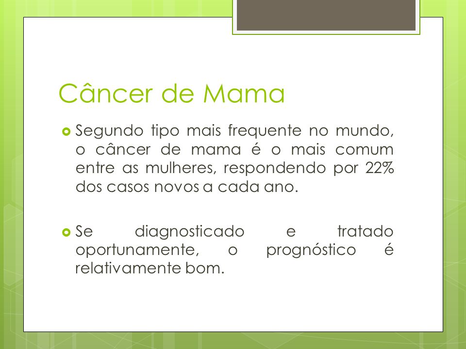 Câncer de Mama  Segundo tipo mais frequente no mundo, o câncer de mama é o mais comum entre as mulheres, respondendo por 22% dos casos novos a cada ano.