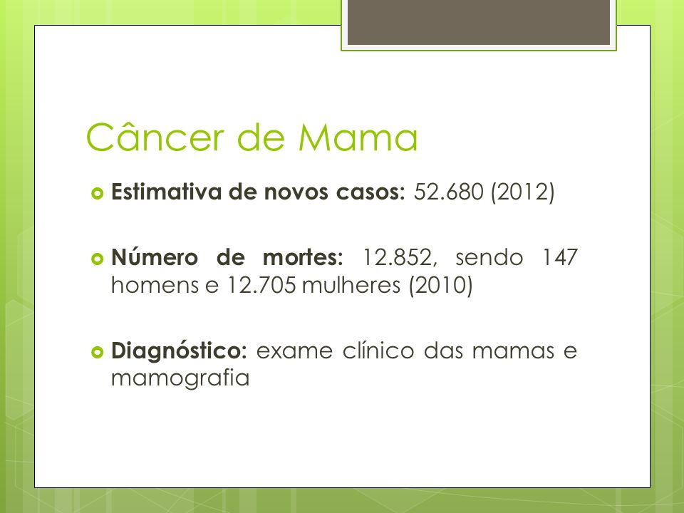 Câncer de Mama  Estimativa de novos casos: (2012)  Número de mortes: , sendo 147 homens e mulheres (2010)  Diagnóstico: exame clínico das mamas e mamografia