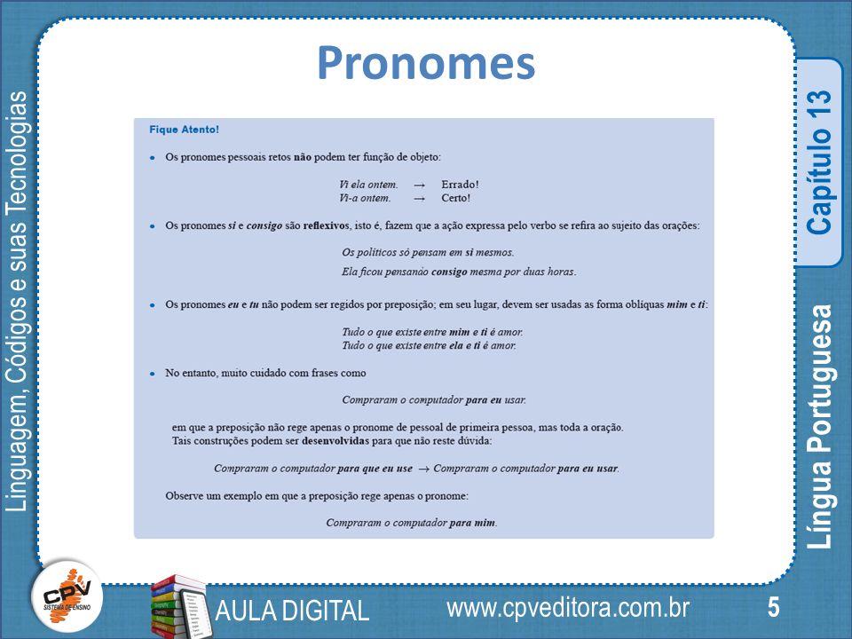 Linguagem, Códigos e suas Tecnologiaswww.cpveditora.com.br 5 Língua Portuguesa Capítulo 13 AULA DIGITAL Pronomes