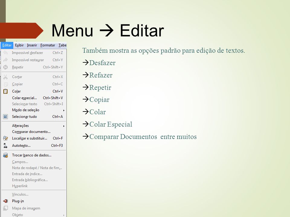 Menu  Editar Também mostra as opções padrão para edição de textos.