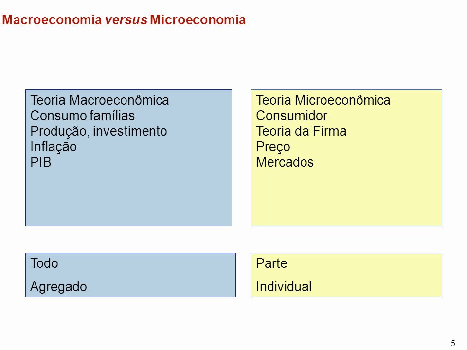 5 Macroeconomia versus Microeconomia Teoria Macroeconômica Consumo famílias Produção, investimento Inflação PIB Teoria Microeconômica Consumidor Teoria da Firma Preço Mercados Todo Agregado Parte Individual