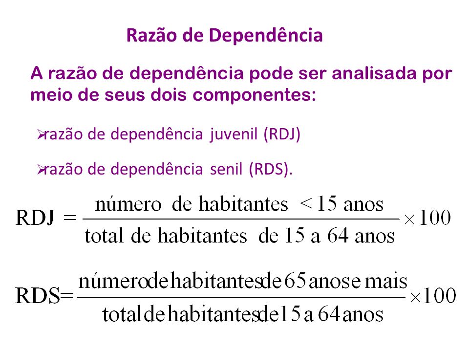 A razão de dependência pode ser analisada por meio de seus dois componentes: Razão de Dependência  razão de dependência juvenil (RDJ)  razão de dependência senil (RDS).