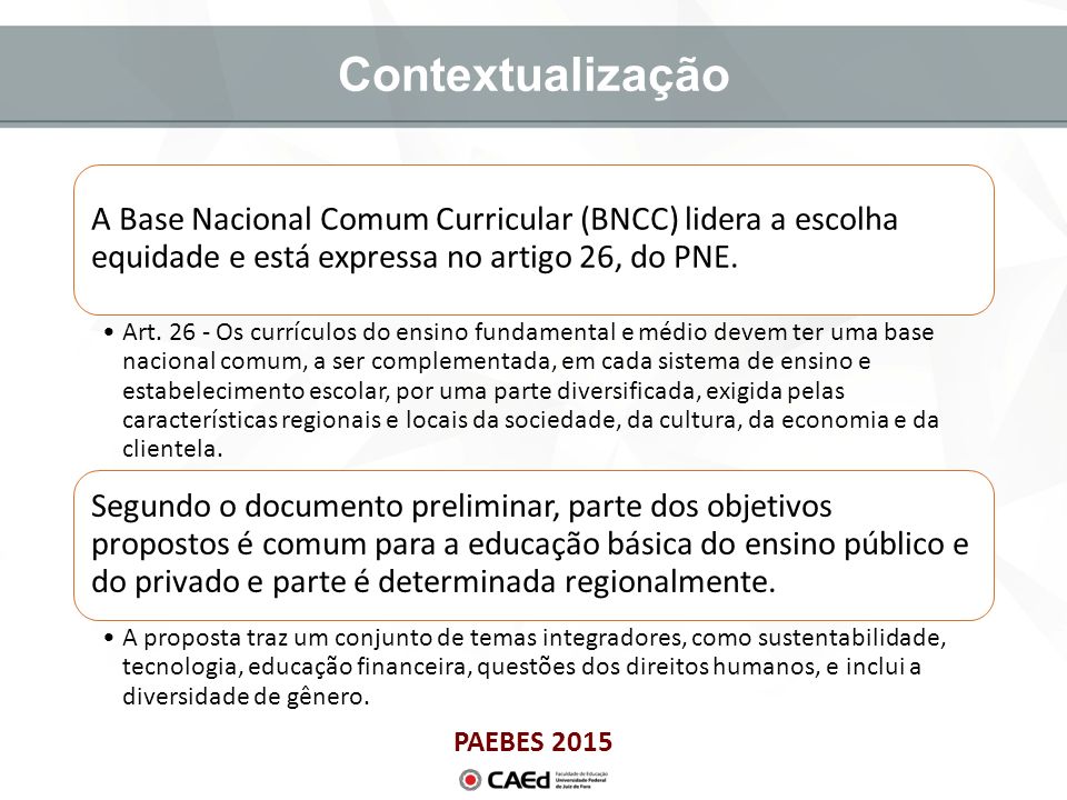 PAEBES 2015 Contextualização A Base Nacional Comum Curricular (BNCC) lidera a escolha equidade e está expressa no artigo 26, do PNE.