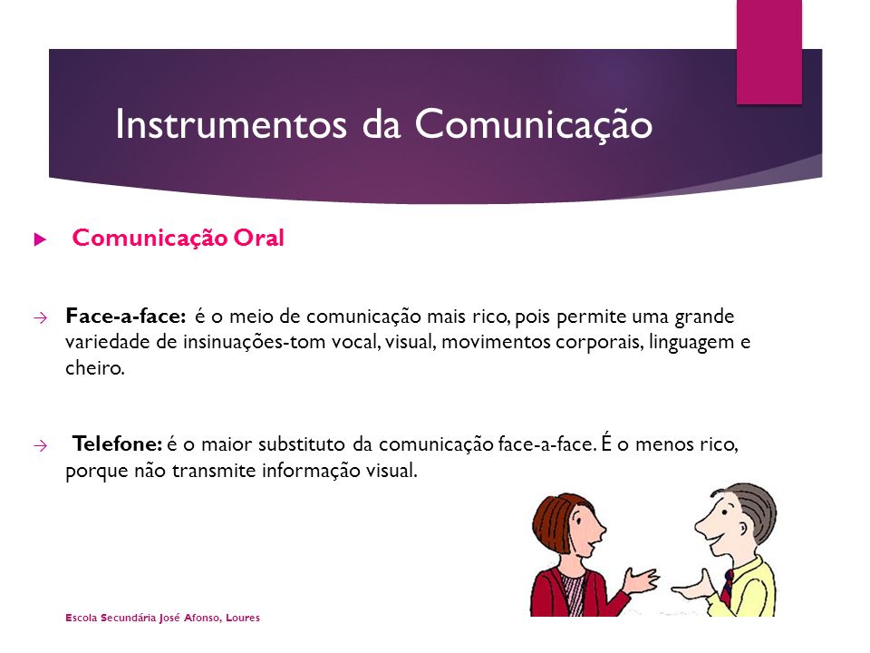 Instrumentos da Comunicação  Comunicação Oral → Face-a-face: é o meio de comunicação mais rico, pois permite uma grande variedade de insinuações-tom vocal, visual, movimentos corporais, linguagem e cheiro.