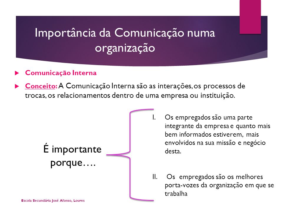 Importância da Comunicação numa organização  Comunicação Interna  Conceito: A Comunicação Interna são as interações, os processos de trocas, os relacionamentos dentro de uma empresa ou instituição.