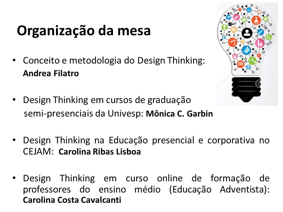 Organização da mesa Conceito e metodologia do Design Thinking: Andrea Filatro Design Thinking em cursos de graduação semi-presenciais da Univesp: Mônica C.