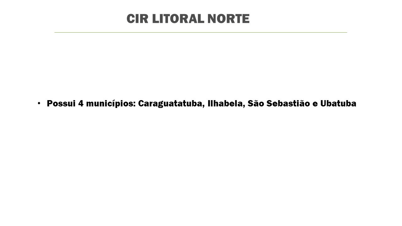 CIR LITORAL NORTE Possui 4 municípios: Caraguatatuba, Ilhabela, São Sebastião e Ubatuba