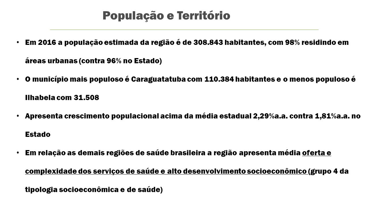 Em 2016 a população estimada da região é de habitantes, com 98% residindo em áreas urbanas (contra 96% no Estado) O município mais populoso é Caraguatatuba com habitantes e o menos populoso é Ilhabela com Apresenta crescimento populacional acima da média estadual 2,29%a.a.