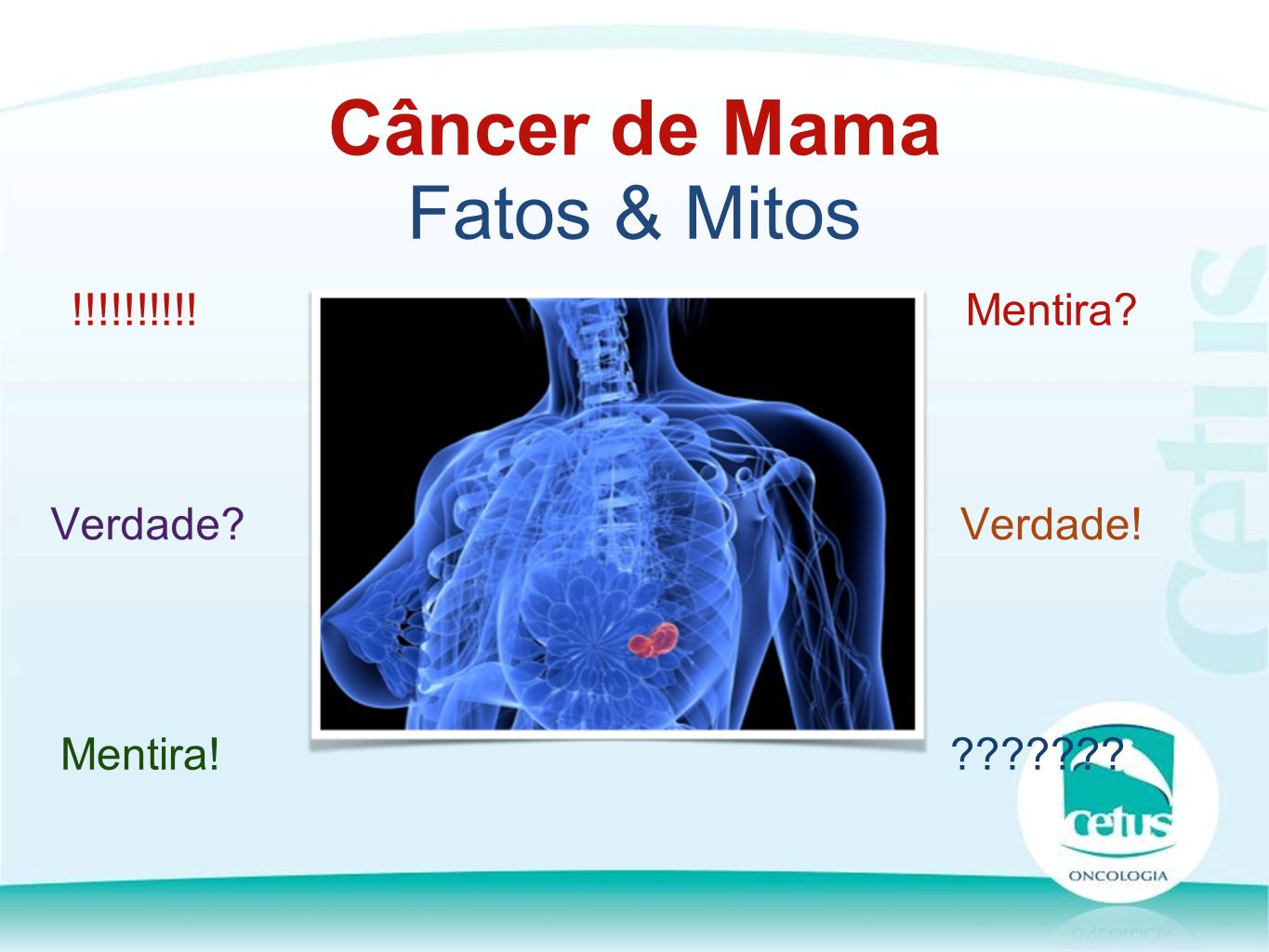 Câncer de Mama Fatos & Mitos Verdade Mentira Verdade! Mentira! !!!!!!!!!!