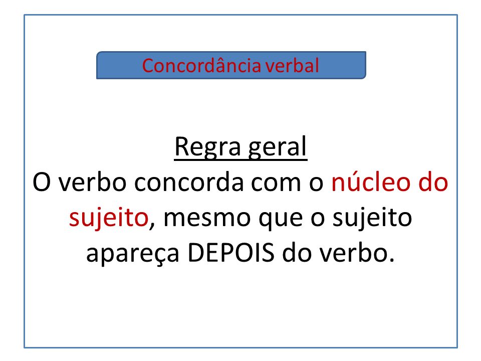 Regra geral O verbo concorda com o núcleo do sujeito, mesmo que o sujeito apareça DEPOIS do verbo.