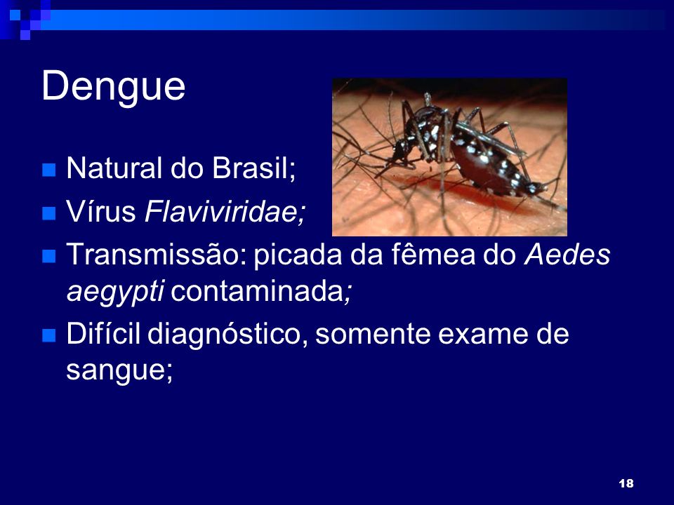 18 Dengue Natural do Brasil; Vírus Flaviviridae; Transmissão: picada da fêmea do Aedes aegypti contaminada; Difícil diagnóstico, somente exame de sangue;