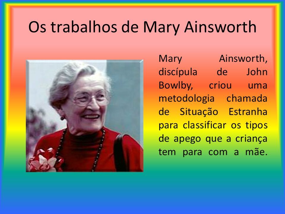 Os trabalhos de Mary Ainsworth Mary Ainsworth, discípula de John Bowlby, criou uma metodologia chamada de Situação Estranha para classificar os tipos de apego que a criança tem para com a mãe.